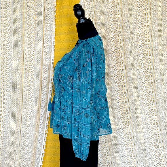 Cleobella Teal & Gold Metallic Floral Ruffle Long Sleeve Chiffon Blouse Size L - Picture 6 of 15